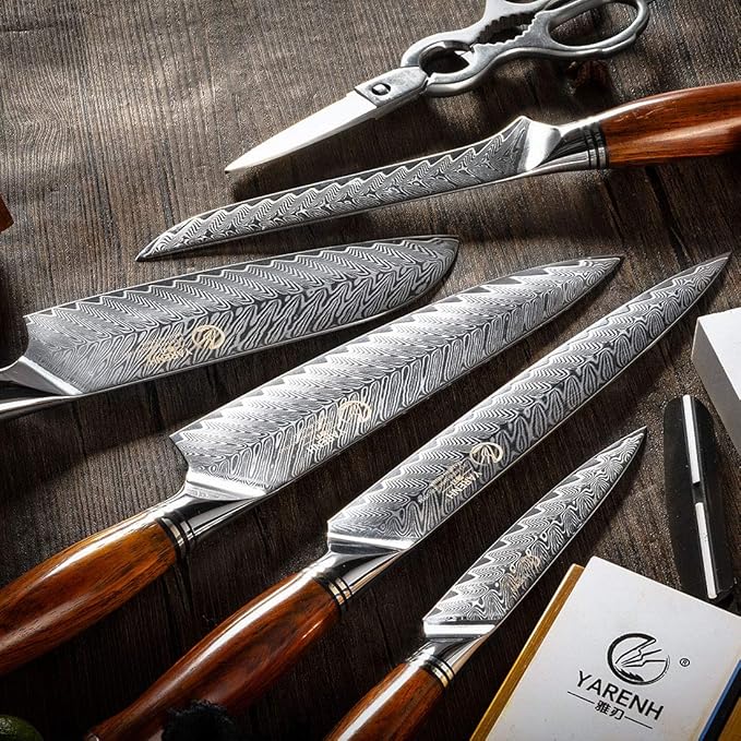 YARENH Kitchen Knife Set with Block, 8 Piece, Sharp Professional Chef Knife, 73 Layers Damascus High Carbon Stainless Steel, Full Tang Sandalwood Handle, Gift Box