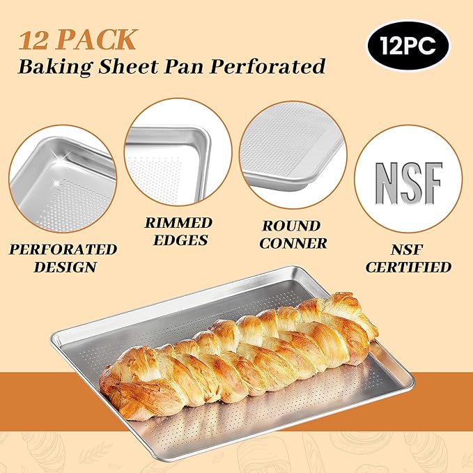 12 Pack Full Size Baking Sheet Pans Perforated, Aluminum Commercial Cookie Sheets Non-Stick, 26"x18"