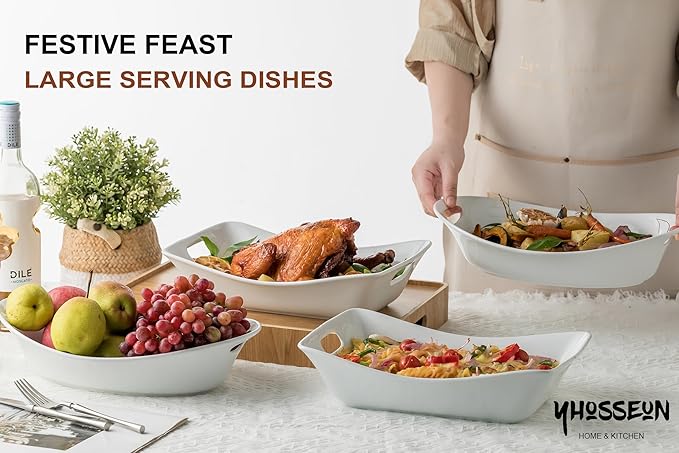 YHOSSEUN Large Serving Bowls with Handles White Serving Dishes For Entertaining, 1.5 Quarts Ceramic Bowl Set Rectangle Serving Platter for Thanksgiving, 2 Pack