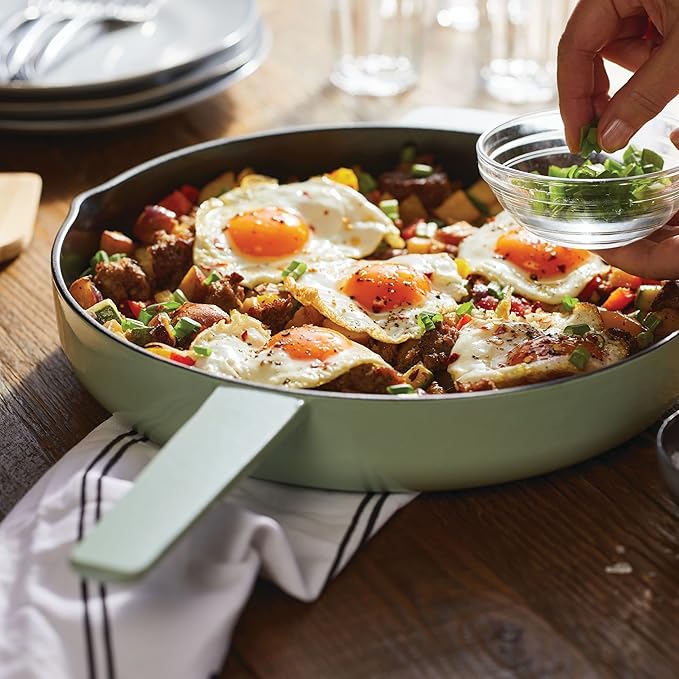 KitchenAid Enameled Cast Iron Frying Pan/Skillet with Helper Handle and Pour Spouts, 12 Inch, Pistachio