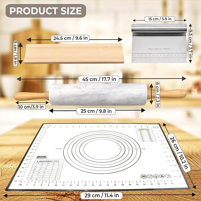 Nonstick Marble Rolling Pin with Wooden Handles and Wooden Resting Base-Ideal for Dough-Pastry Bread Tortillas and Pizza-Essential Baking and Kitchen Tool