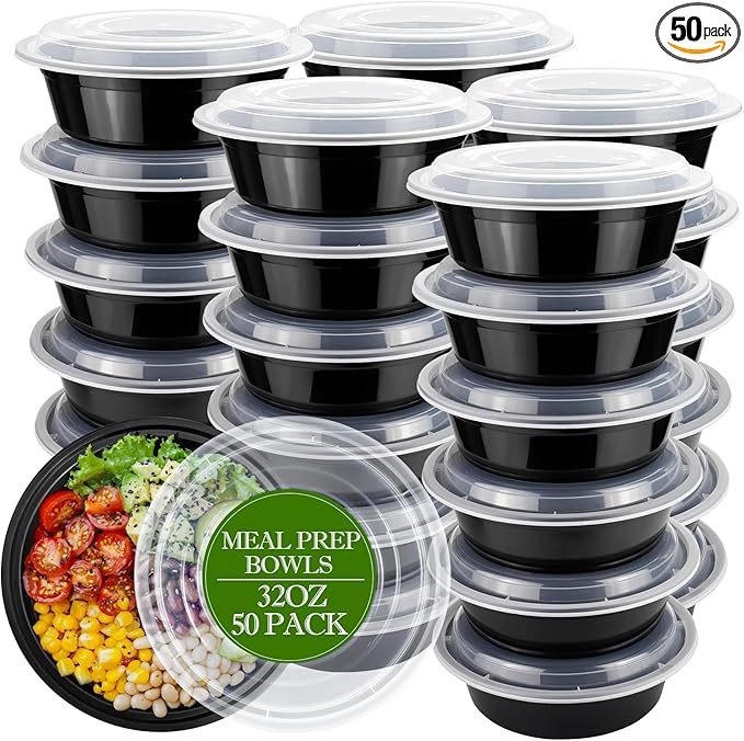 Meal Prep Containers Reusable 32oz - Meal Prep Bowls with Lids 50 Pack, Round Food Prep Bowls for Takeout, Disposable To Go Food Containers, Stackable, Leakproof, BPA-Free, Microwave/Freezer Safe