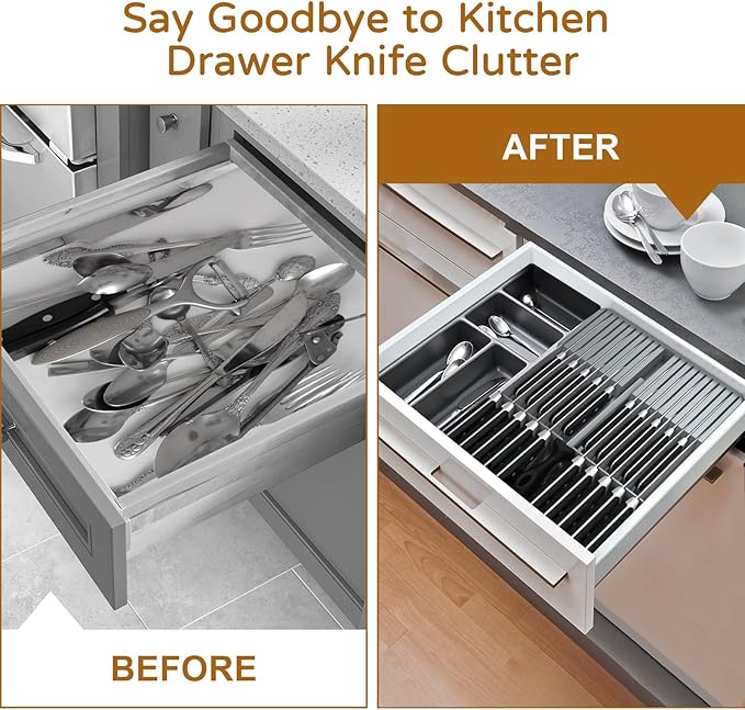 NIUXX Knife Drawer Organizer, Large Capacity In-Drawer Knife Block Set Holds 20 Knives and 1 Sharpening Steel (Not Included), Suitable for Knife Organizer for Kitchen Drawer