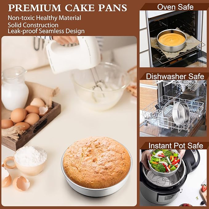 P&P CHEF Cake Pan Set of 4, Stainless Steel Baking Round Cake Pans Tins Bakeware for Birthday Wedding, Leak-proof & Easy Clean, Mirror Finish & Easy Releasing, 6 Inch