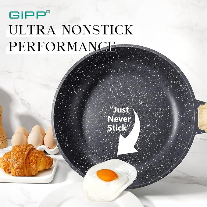 GiPP Nonstick Frying Pan Skillet with Lid - 8" Grey Granite Non Stick Pans, Omelette Pan with Heat-Resistant Handle, Compatible with All Stovetops, PFOA Free