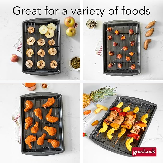 GoodCook 15” x 10.5” Nonstick Carbon Steel Baking Pan & Raised Wire Rack – Pizza Crisper, Crispy Bacon, Multipurpose Cooking Sheet Pan, Cooling Rack, Kitchen Cookware Set, Dishwasher Safe