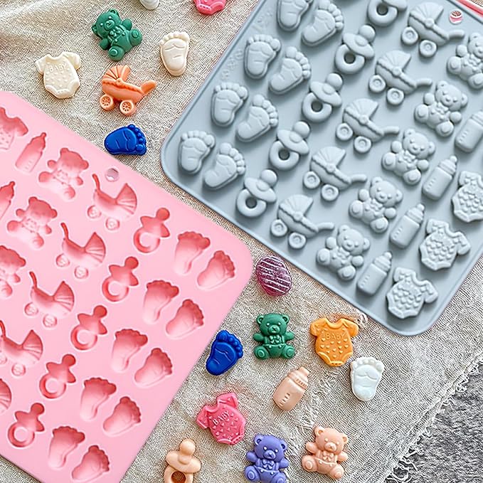 2 Pcs Baby Shower Chocolate Molds, 35 Cavity Baby Feet Mini Molds Baby Bottle Pacifier Baby Onesie Baby Carriage Bear Molds for Baby Shower Party Cake Decoration Cupcake Topper