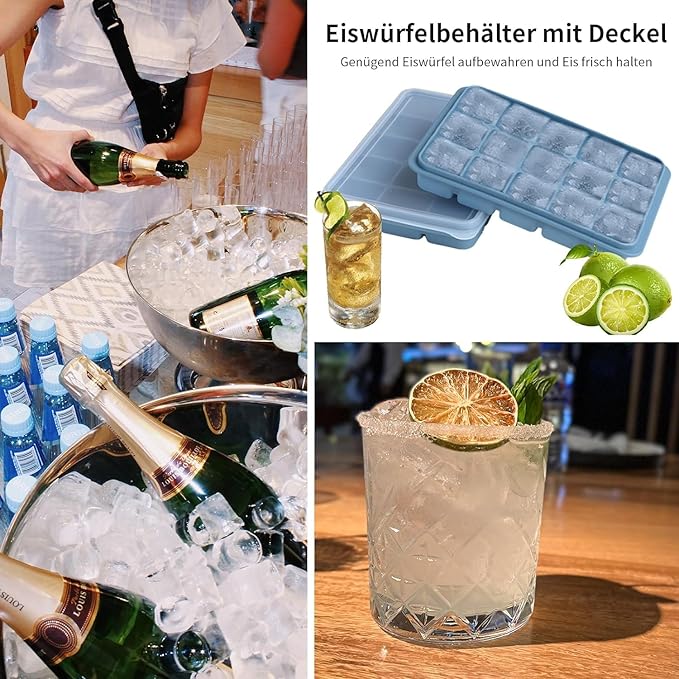 Ice Cube Trays Set of 3, Easy Release 15 Flexible Silicone Ice Cube Molds with Removable Lid Reusable Freezer Ice Trays Stackable for Whiskey, Blue*3