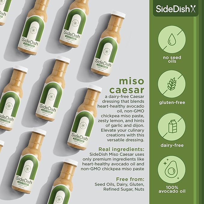 SideDish Miso Caesar Dressing (Pack of 3) – Seed Oil Free Salad Dressing Made w/Avocado Oil – Refined Sugar Free, Dairy & Gluten Free Dip & Marinade – Paleo Honey Mustard Dressing for Dips, Sauces