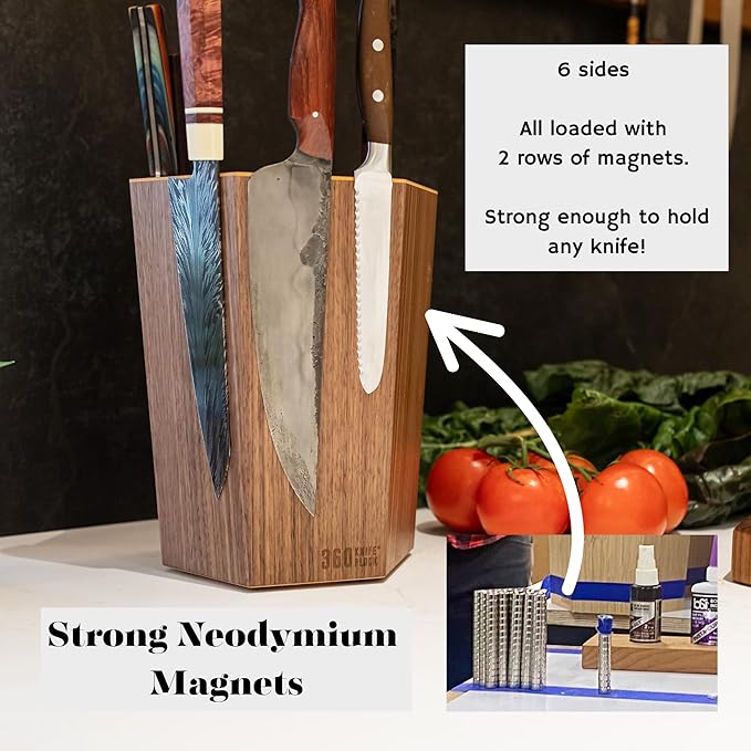 The 360KB ™ (Walnut) magnetic rotating knife block - handmade in Washington - shortest member of the 360 Knife Block ® family