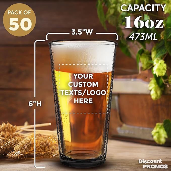 Custom Spiral Pint Glass 16 oz. Set of 50, Personalized Bulk Pack - Beer Glasses, Heavy Duty Drinkware - Black
