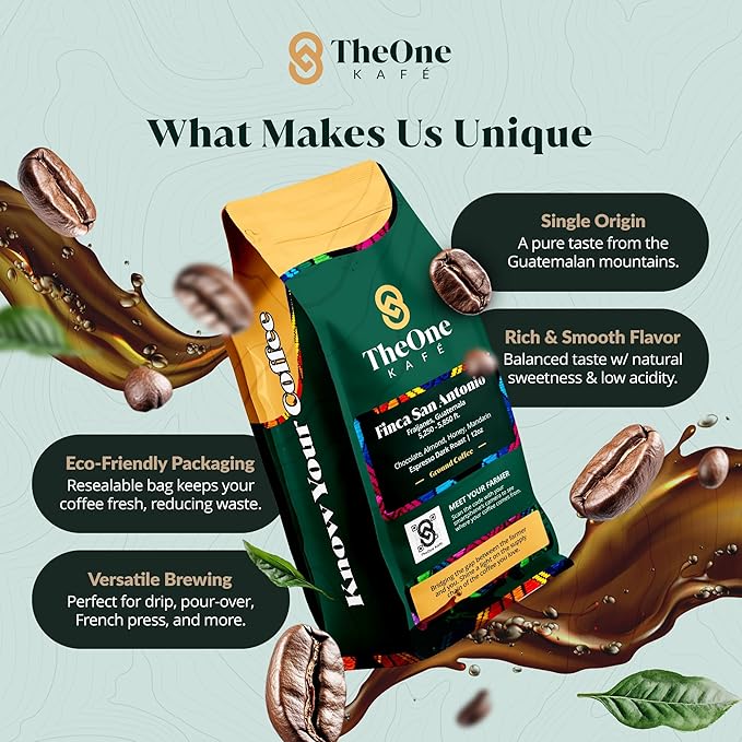 TheOne Kafé Guatemala Dark Roast Ground Coffee – Organic, Single Origin, Premium Specialty Coffee, Ethically Sourced, Smooth & Rich Flavor – Fresh Roasted for Espresso, Drip, Pour Over – 12 oz