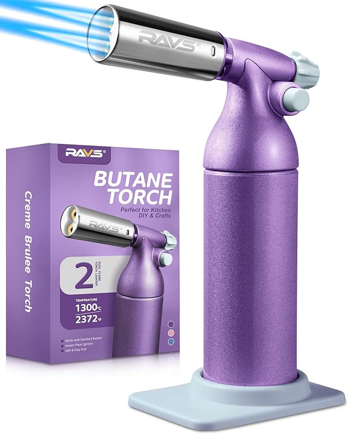 RAVS Dual Flame Butane Torch Lighter with 20G Large Capacity, Adjustable Flame, Refillable Kitchen Torch for Creme Brulee, BBQ, Baking, Purple Cooking Torch Gifts for Women Unique, Butane Not Included