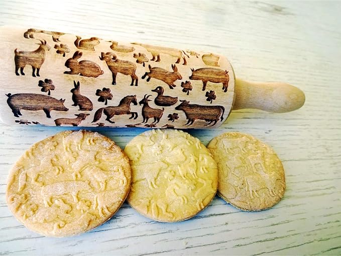 FARM kid embossing rolling pin Birthday gift for kid Laser engraved dough roller with chicken horse cow rabbit pig goat duck cat sheep