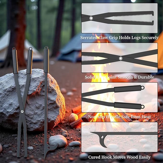Heavy Duty Fire Tongs Firewood Grabber Tool with Scissor Shape Serrated for Campfire, Bonfire, Fire Pit Log Claw Tongs - Black