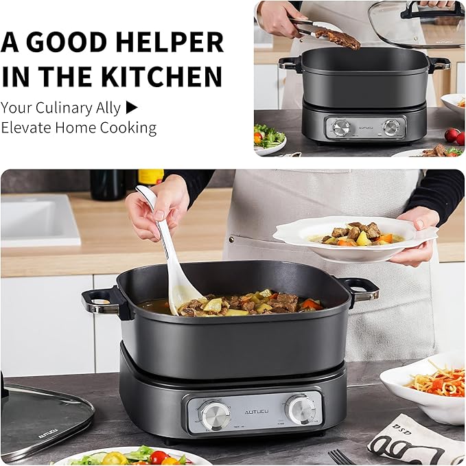 Electric Skillet 6-Quart Hot Pot Nonstick - PFOA-Free Ceramic Coating Pot, 1600W, Timer & 3 Power Settings for Steak, Egg, Ramen
