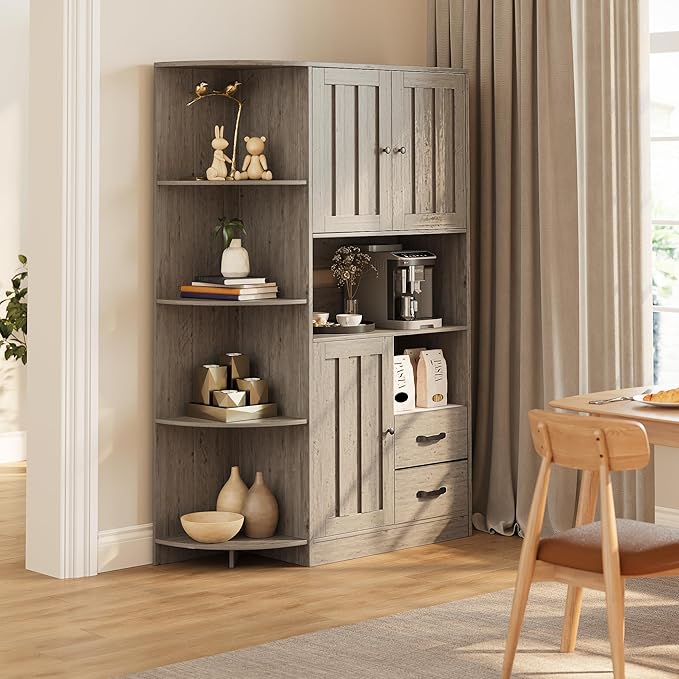 Gizoon 60.4" Pantry Cabinet with Coffee Bar, Tall Kitchen Pantry Storage Cabinet with Microwave Stand and 2 Drawers, Farmhouse Hutch with 4 Open Tiers for Dining Room and Kitchen Organization, Grey