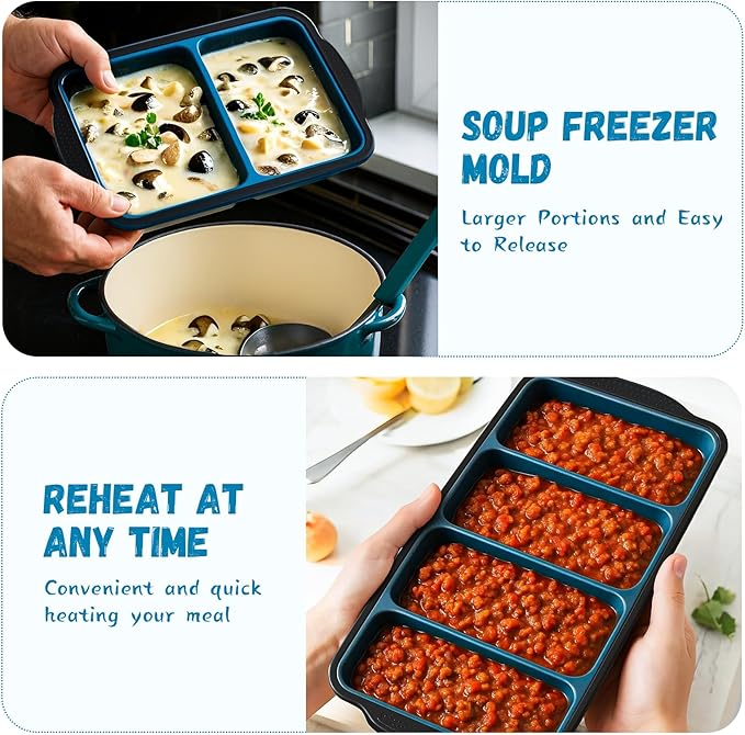 Silicone Freezer Tray With Lid, 4 Large 2 Cup Soup Freezer Molds, Soup Freezer Container for Meal Prepping, Large Ice Cube Tray， Perfect for Storing Leftovers, Sauces, Lasagna, 2-Pack