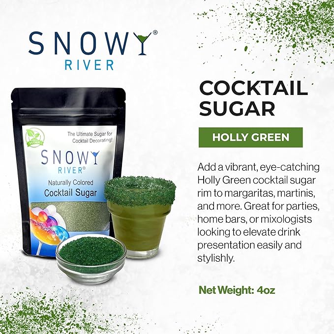 Snowy River Holly Green, Cocktail & Margarita Sugar Rimmer - Vibrant Color Glass Rimming Sugar with Medium Crystal Texture - 4oz