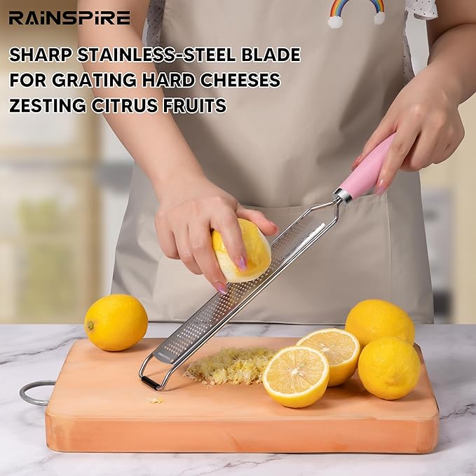 Rainspire Zester Grater with Handle, Lemon Zester Cheese Grater for Kitchen Stainless Steel, Parmesan Cheese Garlic Nutmeg Chocolate Fruits Vegetables Ginger Grater, Fine (Pink)