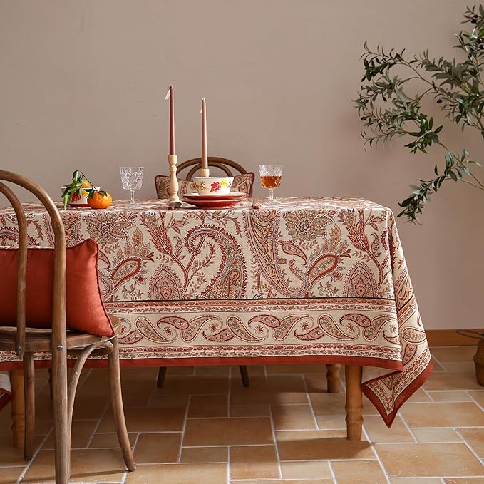 ISAENNE Designer French Red Square Tablecloth,Fall Linen Table Cloth with Cashew Pattern,Stain Proof Decor Tablecloths for Dining Thanksgiving Kitchen Christmas,67"*67"-Chauffrey D