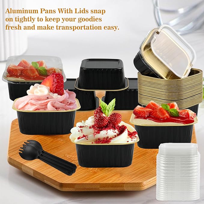 Mini Cake Pans With Lids, BAKINGPAK 30PCS 5OZ Square Mini Aluminum Pans Disposable Aluminum Foil Cupcake Cups Individual Cake Pans with Lids for Children Party Wedding Party,Black Gold