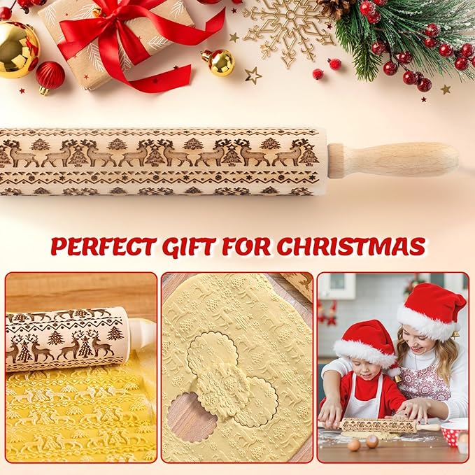 Christmas Gifts Wooden Embossed Rolling Pin for Baking, Deep Engraved Embossing Rolling Pins Cookie Stamps Roller with Christmas Elk Deer Pattern Designs for Baking Cookies Stamps Roller, DIY Tools