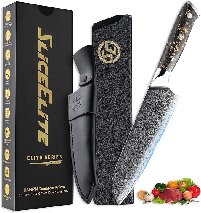 SliceElite Elite Series 7 Inch Santoku Knife VG10 Damascus Steel Forged Carbon Fiber Handle Dual Protection Cutting Kitchen Tool Sharp Vegetable Meat Chopping BBQ Chef Slicing Cleaver Camping Butcher