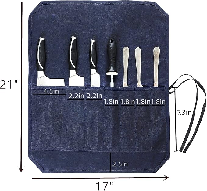 Knife Bag, Heavy Duty 16oz Waxed Canvas 7-Slots Knife Roll Storage Bag, Blue