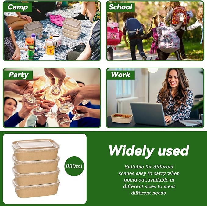 DI QIU REN 50-Pack 29oz Disposable Kraft Paper Bowls【with Lids and Forks】, Meal Prep Containers Disposable Large Paper Bowls Leakproof Take Out To Go Food Containers, Microwave Safe for Hot/Cold Food