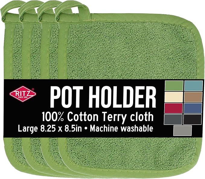 RITZ Terry Potholder & Hot Pad: Unparalleled Heat Resistant, Durable 100% Cotton – Ergonomically Designed for Optimal Grip – Easy-Care Machine Washable – 4-Pack, Cactus Green