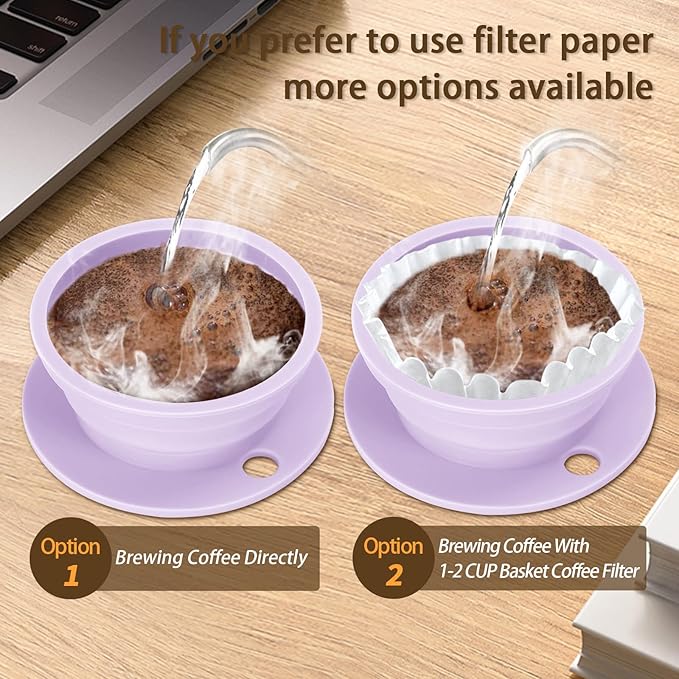 2 Pieces Collapsible Paperless Travel Pour Over Coffee Dripper Kit, Single Cup Travel Pour Over Coffee Maker Camping, Portable Silicone PourOver Coffee Filter Reusable (Purple+Green)