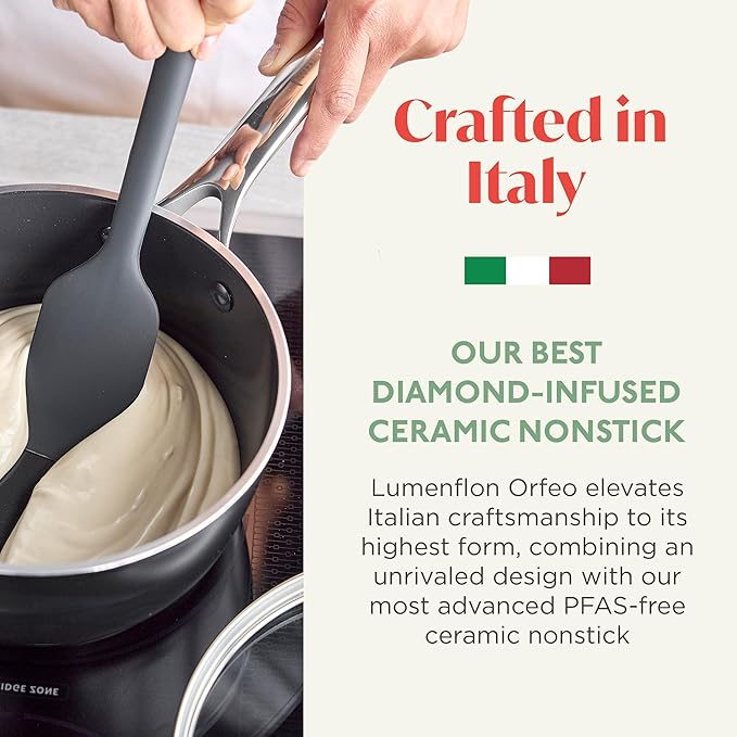 Orfeo 2.4QT Nonstick Saucepan with Lid, Made in Italy, Diamond Ceramic PFAS-Free Cookware, Induction Ready, Scratch Resistant, Laser-Fused Surface for Durability, Dishwasher Safe, Black