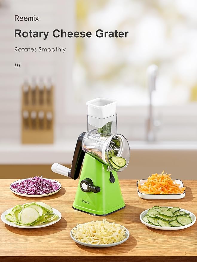 Rotary Cheese Grater with Handle, Reemix Vegetable Cheese Shredder Slicer Grater for Kitchen 3 Changeable Blades for Cheese Potato Zucchini Nuts Chocolate (Green)