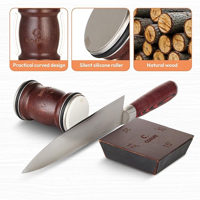 Rolling Knife Sharpener - Multi Angle Knife Sharpeners Tool Kit for Kitchen & Chef Knives, Diamond & Ceramic Honing Discs with 12°, 15°, 20° & 25° Magnetic Base - Manual Safe Roller Sharpening