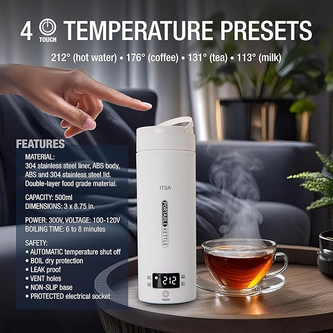 ITSA Travel Electric Kettle 500ml Portable Stainless Steel Water Boiler with Temperature Control & Auto Shut Off – Mini Electric Kettle for Coffee, Tea & Hot Water, BPA-Free
