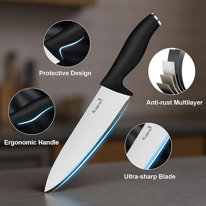Kuisine Chef Knife Set,High Carbon Stainless Steel Ultra Sharp Blade Ergonomic Handle,Kitchen Knife Block Set with Built-in Sharpener,Elegant Gift for Holiday(Silver Black,15PCS)