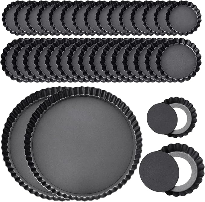Layhit 34 Pcs Tart Pans - 2x 9.5" + 16x 3" Small + 16x 4" Mini Non Stick Tart Pans with Removable Bottom for Baking, Heavy Duty Carbon Steel Quiche Molds