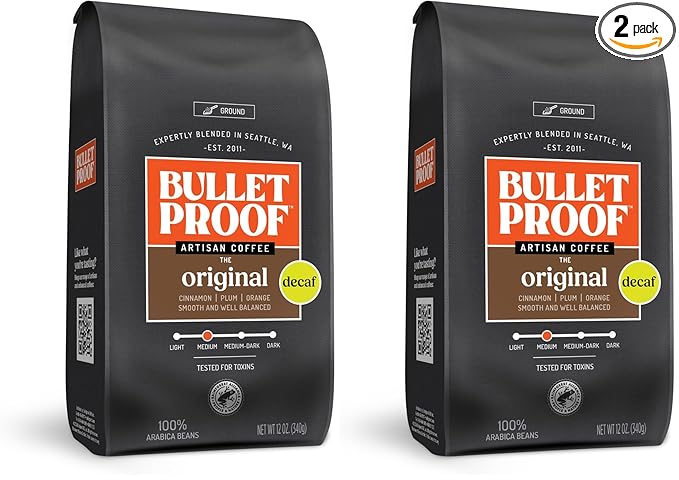 Bulletproof Original Medium Roast Ground Decaf Coffee, 12 Ounces, 100% Arabica Coffee, Clean Coffee Tested for Toxins, Packaging May Vary (Pack of 2)