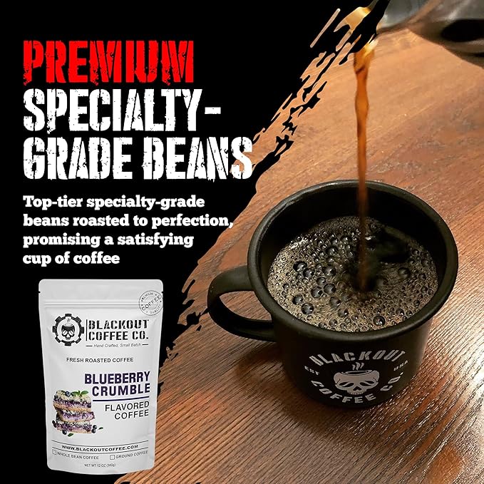 Blackout Coffee Blueberry Crumble Flavored Ground Coffee – Medium Roast, Smooth Taste, Guilt-Free Indulgence – Freshly Roasted 12oz Bag, American Made