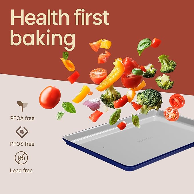 Bakken 8-Piece Ceramic Coated Bakeware Sets, Nonstick Aluminized Steel Pans with Muffin, Loaf, Cake, Roasting Pan, & Cooling Rack, Oven Safe Up To 500°F, Dishwasher Safe, BPA, PTFE & PFAS Free, Blue