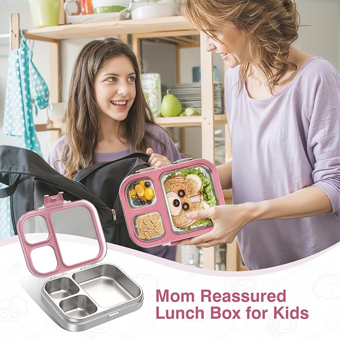 Stainless Steel Lunch Box, 3 Compartments Metal Bento Box for Kids Adults, Leak-Proof Lunch Box for School Office, Dishwasher Safe, BPA-Free, Tritan Lid, Pink