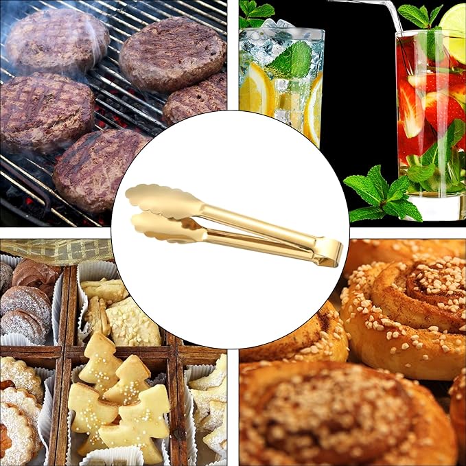 Gold Serving Tongs & Utensils, 4 Pack 9 Inch Non-slip Grip Stainless Steel Gold Tongs for Serving Food, Buffet, Party, Salad & Ice