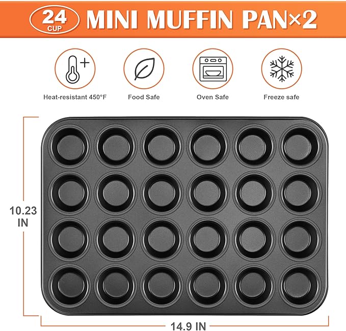 E-far 2 Pack Mini Muffin Pan - Nonstick 24-Cup Carbon Steel Cupcake Tin Tray for Little Bites & Freezer Prep | Warp-Free Bakeware Ensures Even Baking & Effortless Release, Regular Size & Oven Safe