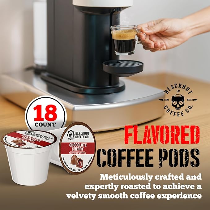 Blackout Coffee Chocolate Cherry Flavored Coffee Pods – Premium Roasted, Smooth Taste, Guilt-Free Indulgence – 18 Count Single-Serve Pods, American Made