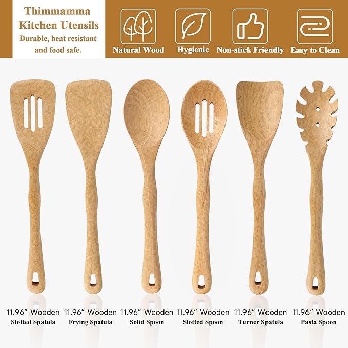 Wooden Spatula Set, 6 Pack Kitchen Wood Slotted Spoon Spatulas Turner Utensils for Cooking, Non Toxic Solid Wooden Spatulas Natural Wood Serving Spoons Spaghetti Utensil Set for Nonstick Cookware