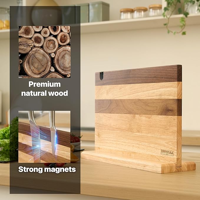BRENZAA Magnetic Knife Block, Thick Wood Kitchen Knife Holder Stand with Strong Magnets, Multifunctional Double Side Knife Storage Organizer for Kitchen
