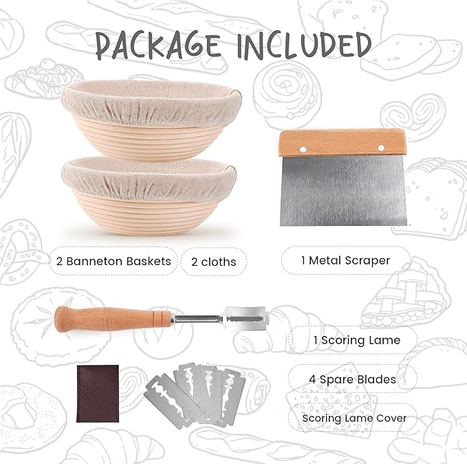 Proofing Baskets for Sourdough Bread Making, Dough Proofing Bowls Kit with Cloth Liner + Scoring Lame + Scraper for Professional & Home Sourdough Bakers (Round,8.5 inch,Set of 2)