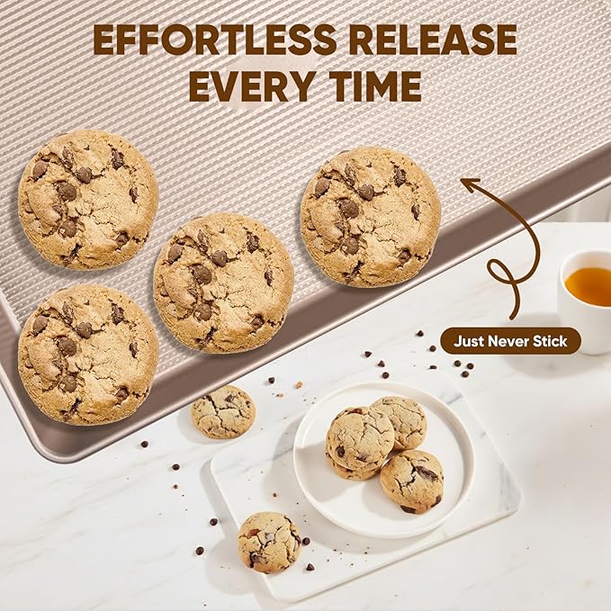 Nonstick Baking Sheet Pan Set of 3, Heavy Duty Cookie Sheets for Oven with Stripe Texture Pattern, 0.6mm Thick Quarter/Half/Jelly Roll Pans, Rust-Resistant & Easy Clean (Champagne Gold)
