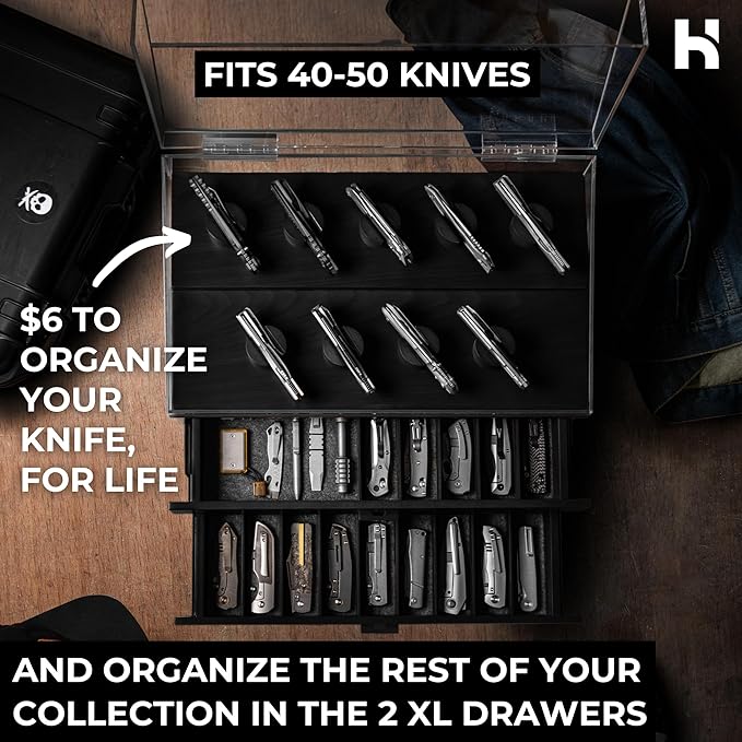 Premium Pocket Knife Display Case for 50 Knives - Extra Large Wooden Knife Organizer, Storage & Holder with Unique Pillars, 2 Drawers - Knife Collection Box - Handcrafted for Men